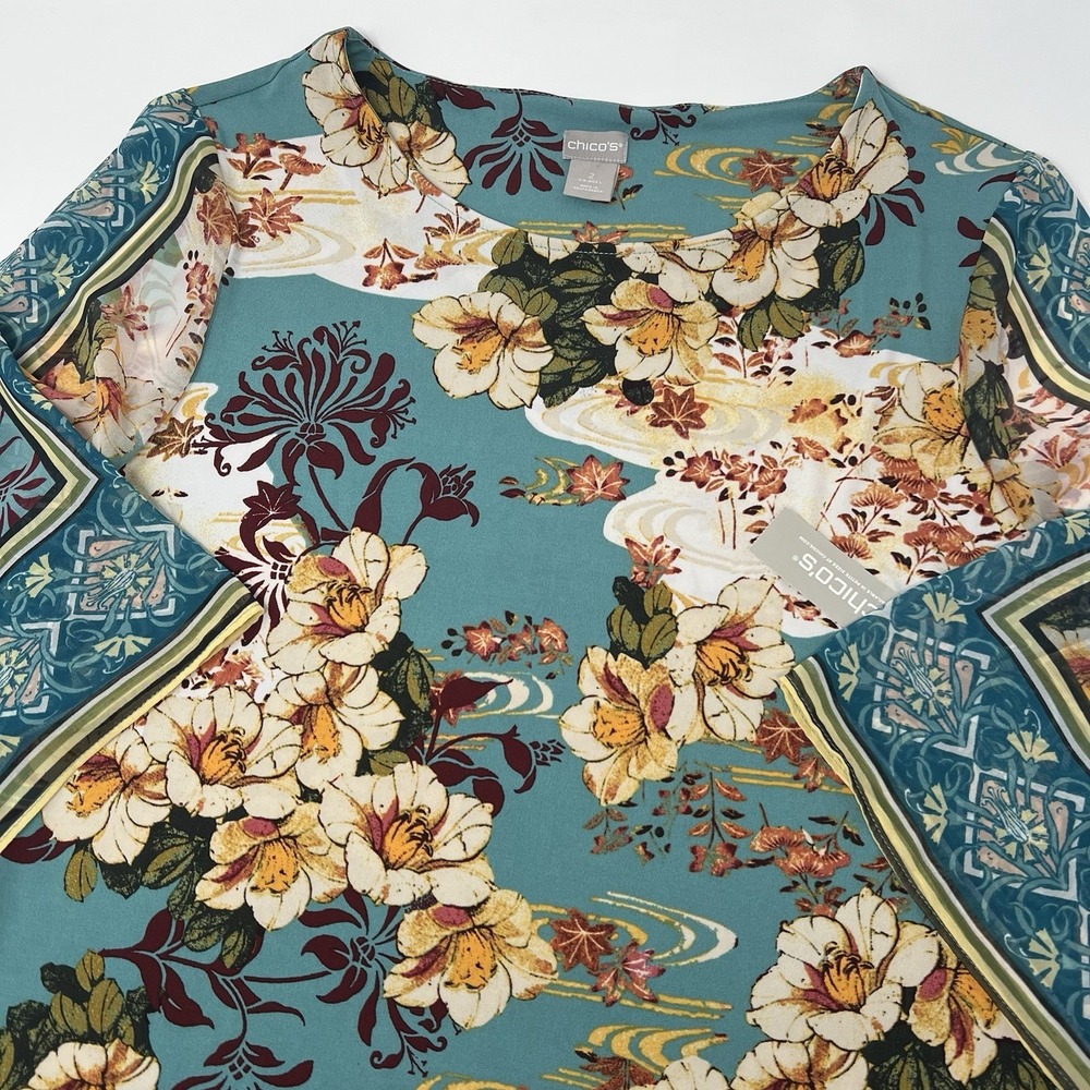 Chico's Floral Woven Sheer 3/4 Sleeve Knit Top Size 2 Large NWT‎ All Over Print
